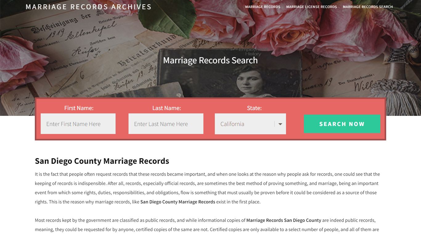 San Diego County Marriage Records | Enter Name and Search